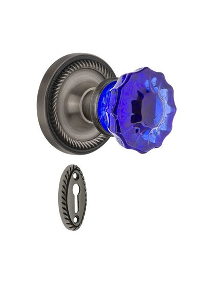 Rope Rosette Mortise Lock Set with Colored Fluted Crystal Glass Knobs Cobalt Blue in Antique Pewter.